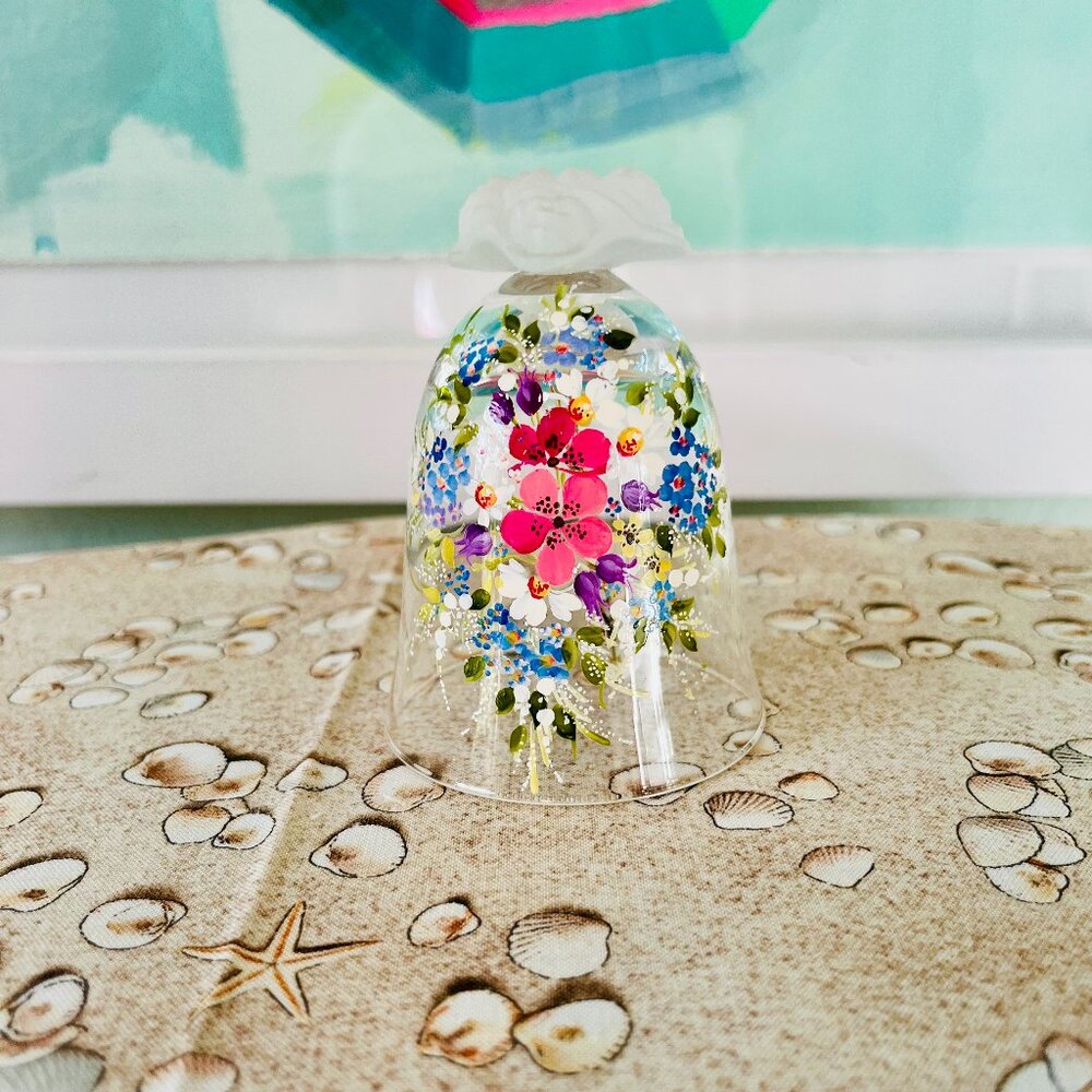 Hand-Painted Floral Glass Bell – Frosted Rose Handle, Vintage Style